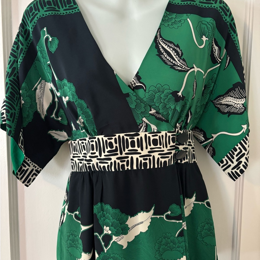 Tibi Green and Navy Floral Wrap Blouse